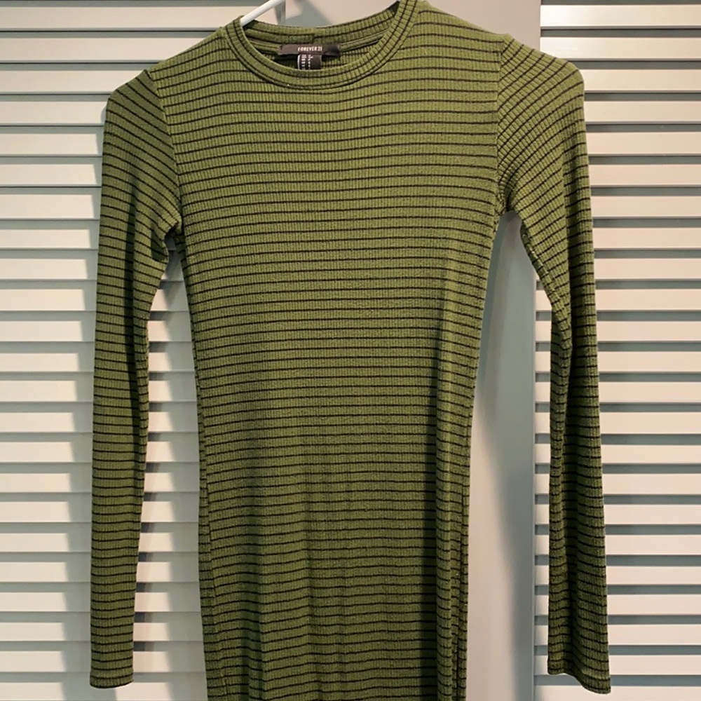 Olive green striped stretch dress